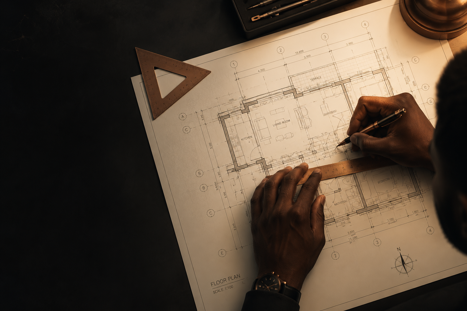 Hands drafting an architectural floor plan